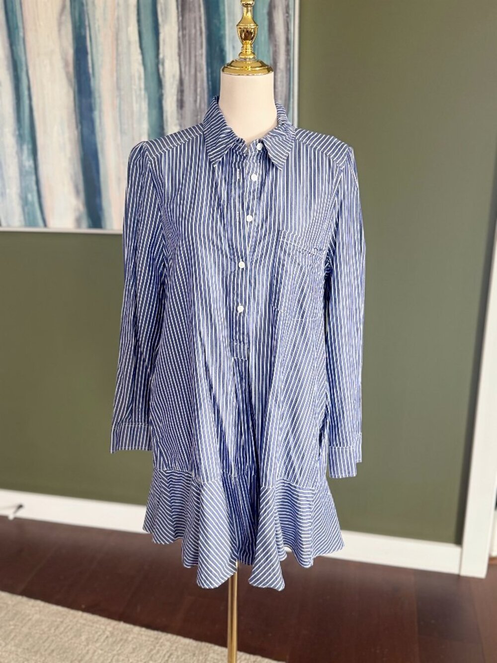 Blue White Stripe Shirt Dress Chest Pocket Flounce Hem Long Sleeve